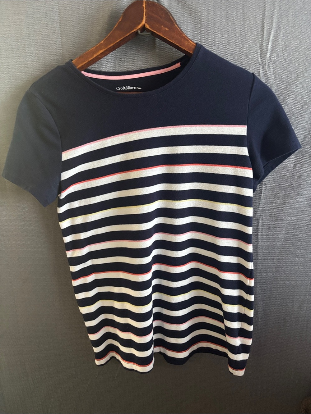 Women’s Croft & Barrow Navy Crewneck Tee with Pink and White Stripes